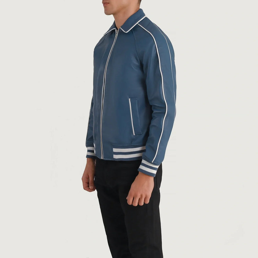 Cooper Azul Leather Varsity Blusão de Couro para Homem