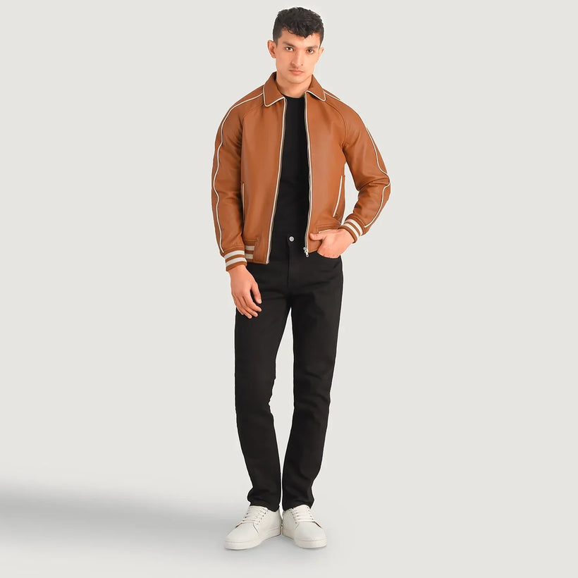 Cooper Castanho Claro Castanho Leather Varsity Blusão de Couro para Homem