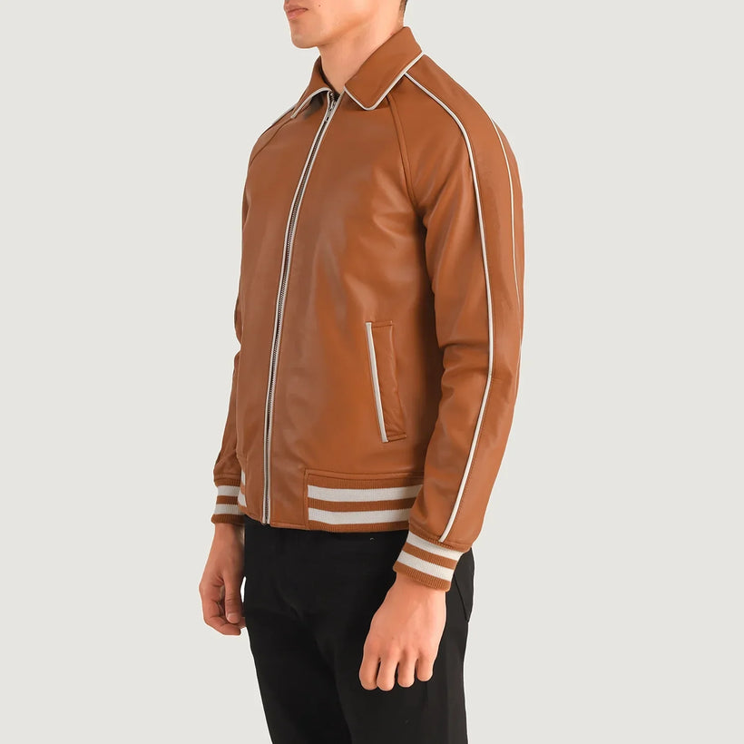 Cooper Castanho Claro Castanho Leather Varsity Blusão de Couro para Homem