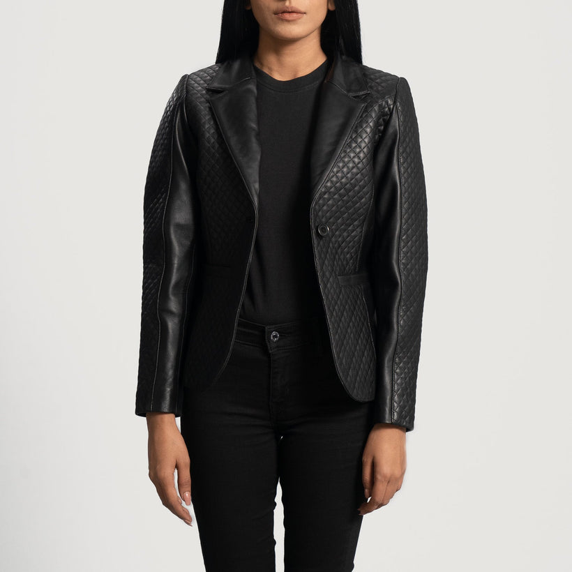 Cora Acolchoado Preto Blazer de Couro de Couro para Mulher