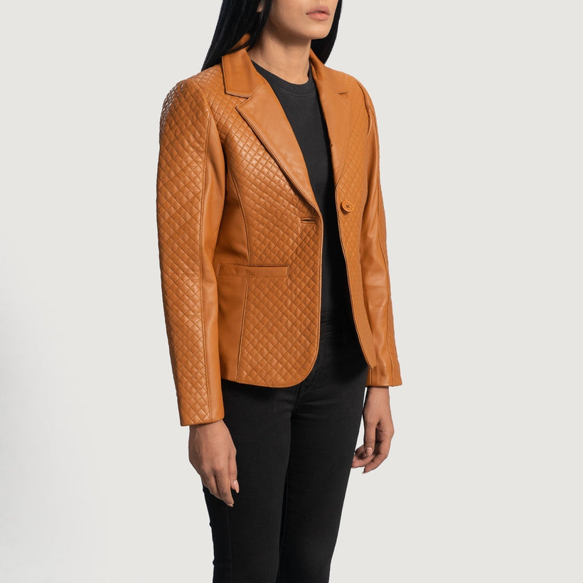 Cora Acolchoado Castanho Blazer de Couro de Couro para Mulher
