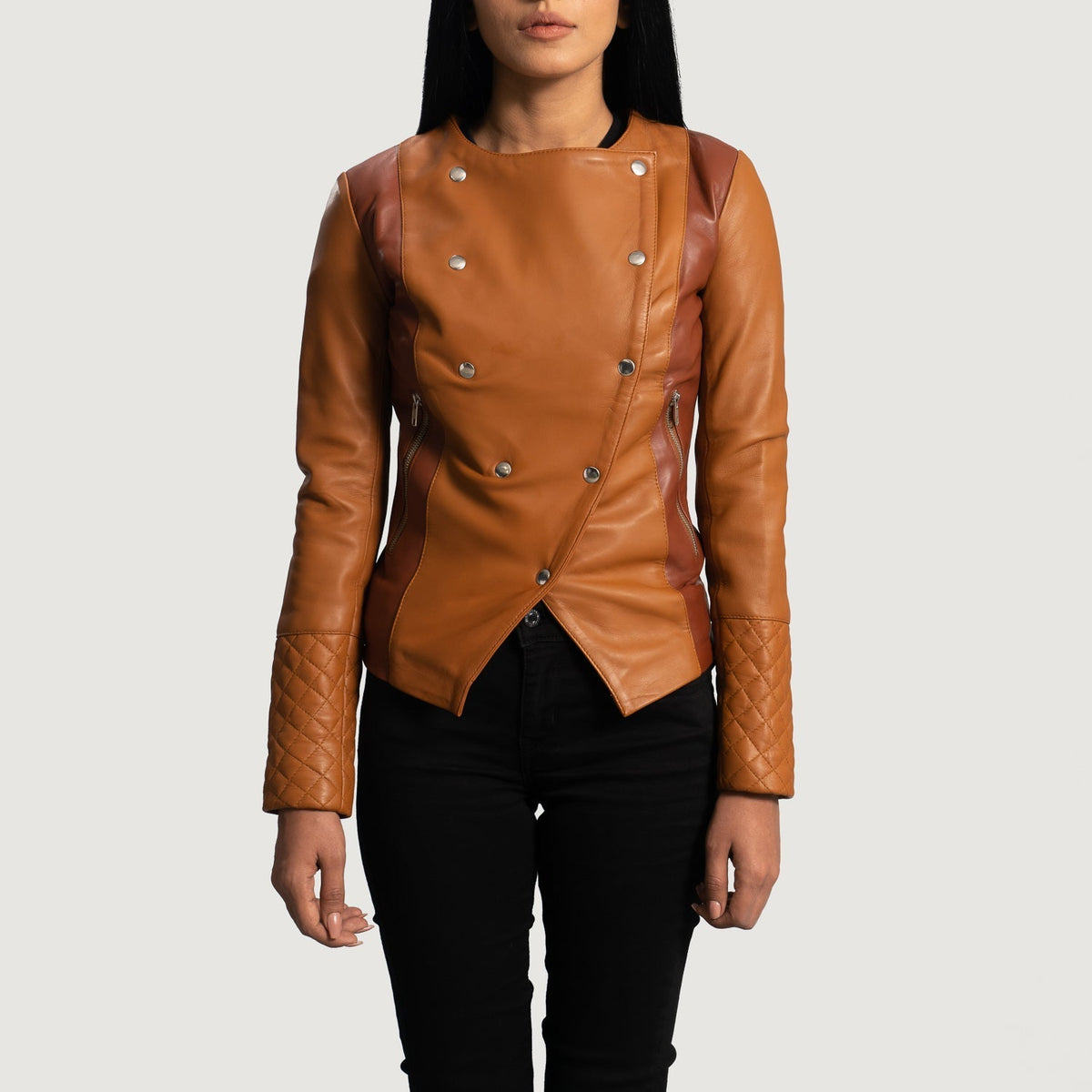 Women's County Castanho Claro Overlap Blusão de Couro para Mulher in Tan Brown Sheepskin Leather - Front Profile View &amp; Tailored Silhouette | Buy Online