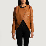 Women's County Castanho Claro Overlap Blusão de Couro para Mulher - Lateral Side Profile View Showing Sleeve Cut &amp; Athletic Taper Fit