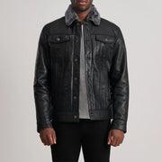 Dallis Preto Leather Shearling Trucker Blusão de Couro para Homem in Black Sheepskin Leather - Front Profile View &amp; Tailored Silhouette | Buy Online