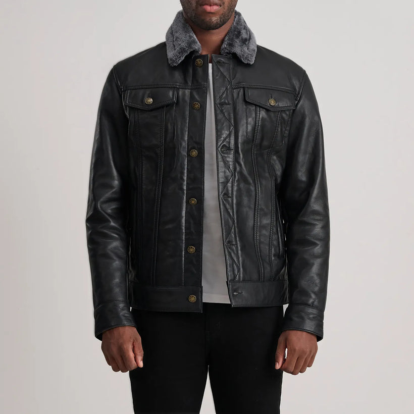 Dallis Preto Leather Shearling Trucker Jaqueta de Couro para Homem