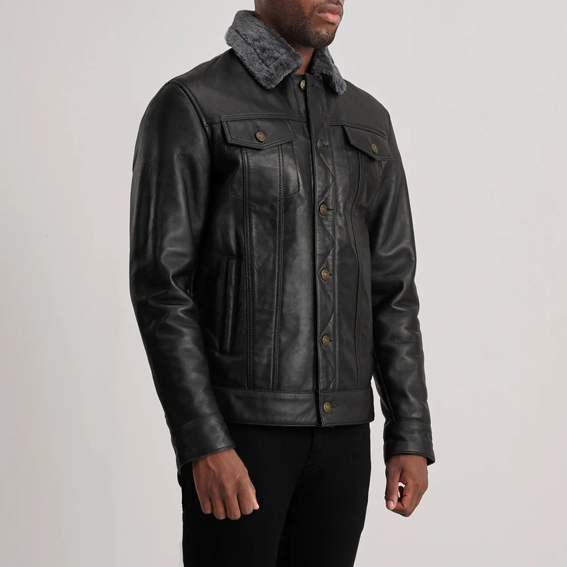 Dallis Preto Leather Shearling Trucker Jaqueta de Couro para Homem