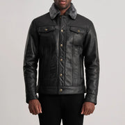 Close-Up Detail of Classic Collar &amp; Button Hardware on Dallis Preto Leather Shearling Trucker Blusão de Couro para Homem