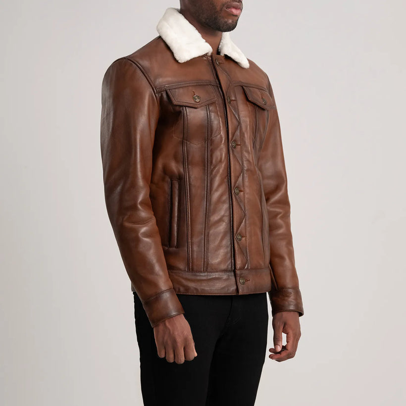 Dallis Castanho Leather Shearling Trucker Jaqueta de Couro para Homem