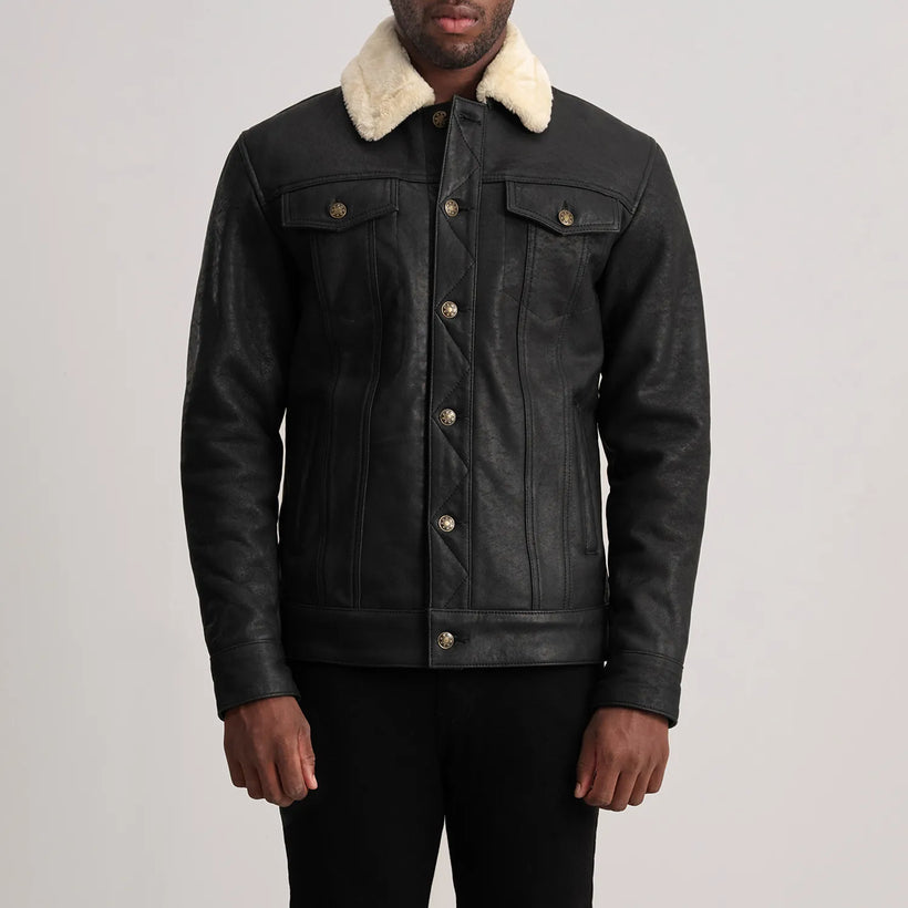Dallis Distressed Preto Leather Shearling Trucker Jaqueta de Couro para Homem