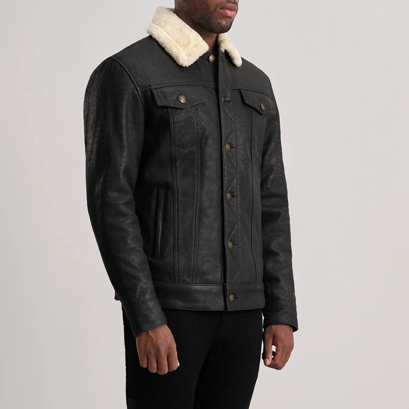 Dallis Distressed Preto Leather Shearling Trucker Jaqueta de Couro para Homem