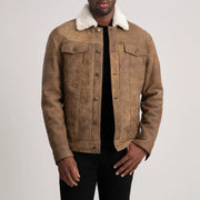 Dallis Snuffed Brown Shearling Trucker Jacket in Distressed Brown Sheepskin Snuffed - Front Profile View &amp; Tailored Silhouette | Buy Online
