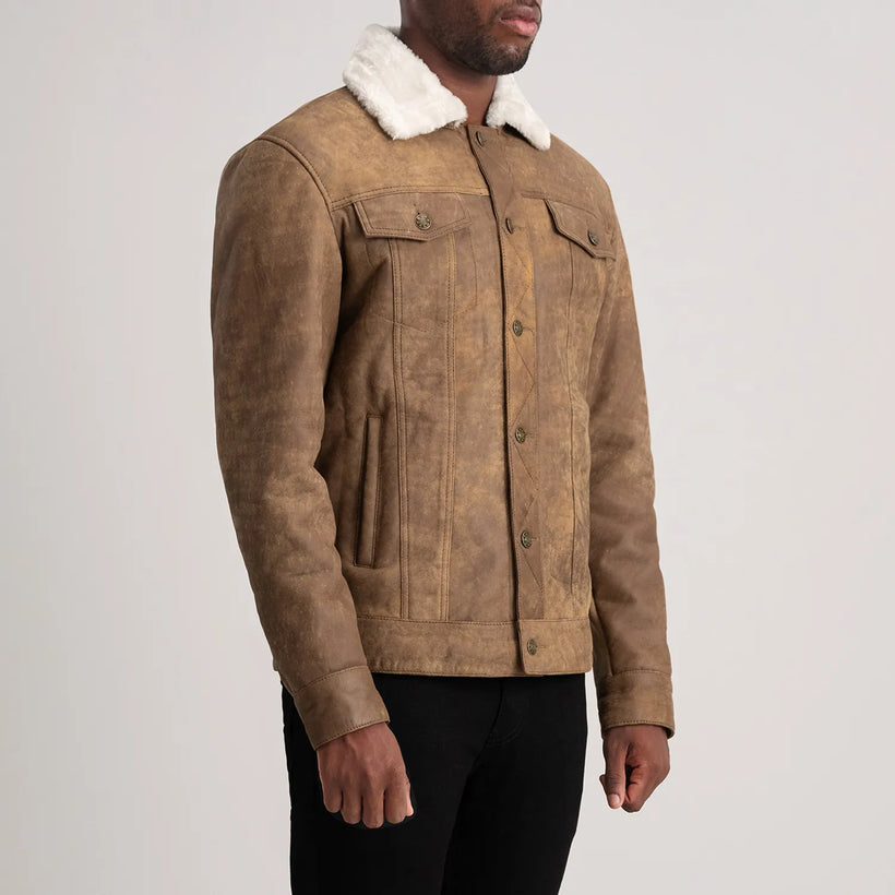 Dallis Distressed Castanho Leather Shearling Trucker Jaqueta de Couro para Homem