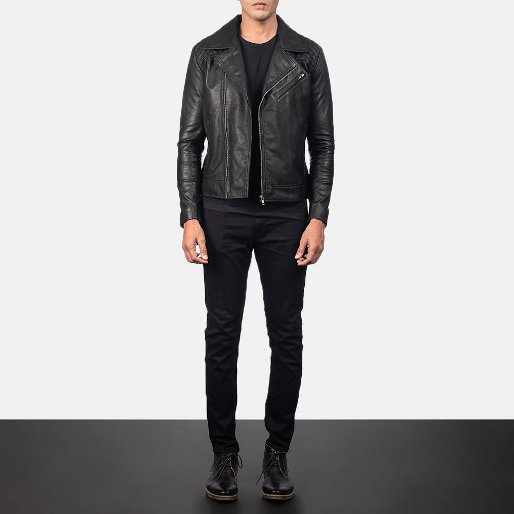 Vista detalhada of Notch & Zipper Hardware on Danny Quilted Brown Leather Biker Jacket