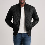 
Black Satin Varsity Jacket - Vista traseira com ombros definidos e bainha impecável