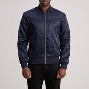 Danson Acolchoado Azul Varsity Blusão de Couro para Homem in Blue Satin - Front Profile View &amp; Tailored Silhouette | Buy Online