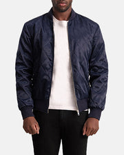 Danson Acolchoado Azul Varsity Blusão de Couro para Homem - Lateral Side Profile View Showing Sleeve Cut &amp; Athletic Taper Fit