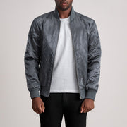 Danson Acolchoado Grey Varsity Blusão de Couro para Homem - Lateral Side Profile View Showing Sleeve Cut &amp; Athletic Taper Fit