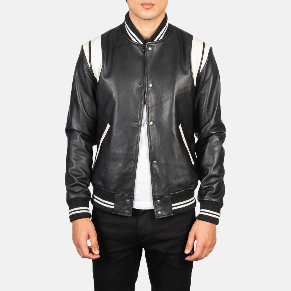 Men's Dantee Preto Leather Varsity Blusão de Couro para Homem in Black &amp; White Sheepskin Leather - Front Profile View &amp; Tailored Silhouette | Buy Online