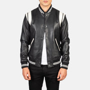 Men's Dantee Preto Leather Varsity Blusão de Couro para Homem in Black &amp; White Sheepskin Leather - Front Profile View &amp; Tailored Silhouette | Buy Online