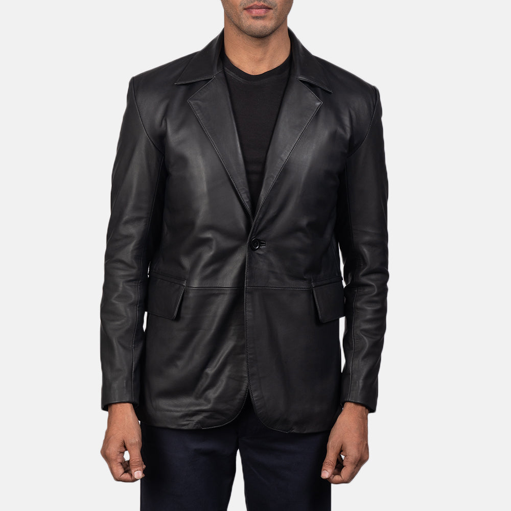 Men's Daron Preto Blazer de Couro de Couro para Homem in Black Sheepskin Leather - Front Profile View &amp; Tailored Silhouette | Buy Online