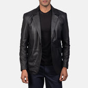 Close-Up Detail of Notch &amp; Button Hardware on Men's Daron Preto Blazer de Couro de Couro para Homem