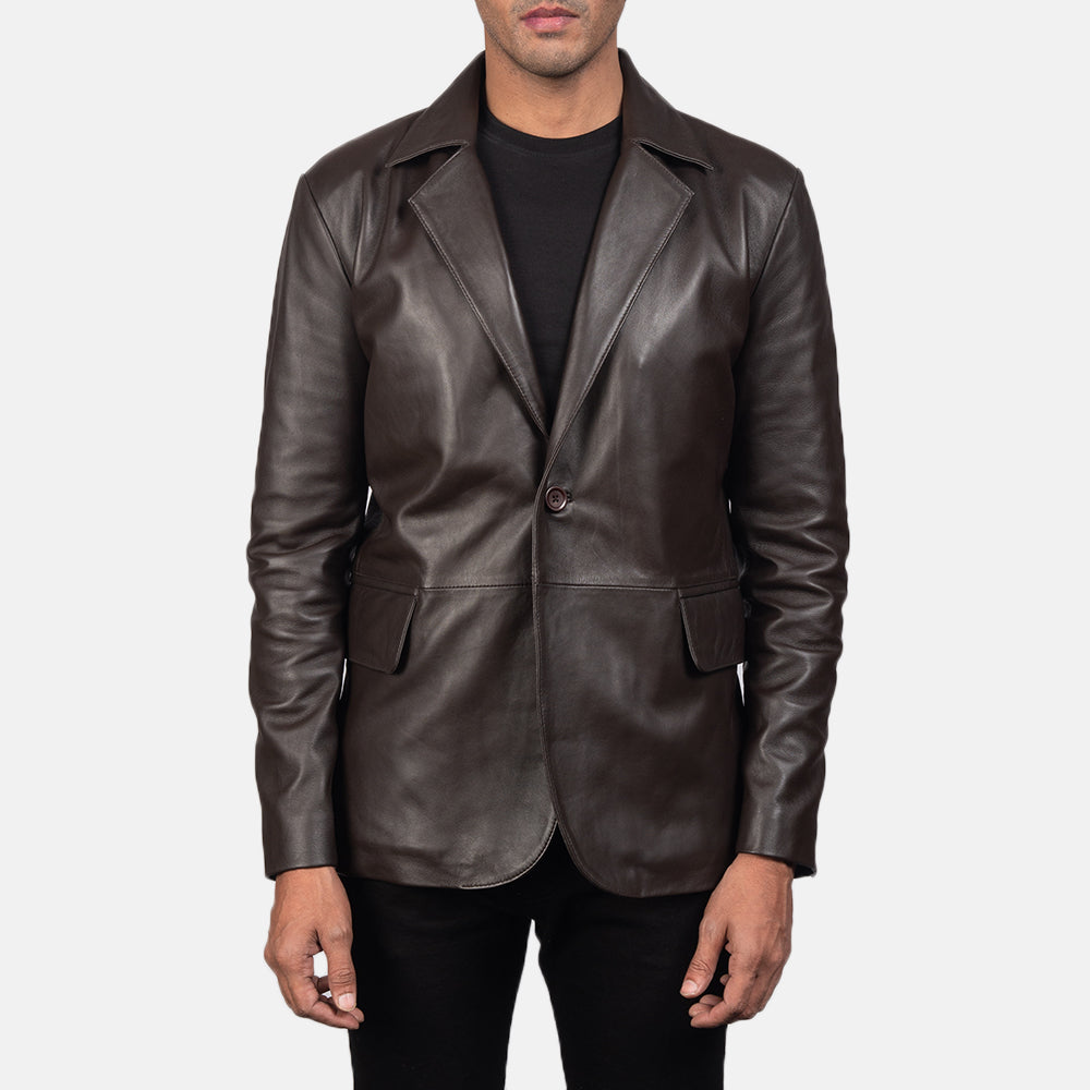 Daron Castanho Blazer de Couro de Couro para Homem in Brown Sheepskin Leather - Front Profile View &amp; Tailored Silhouette | Buy Online