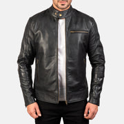 Dean Preto Blusão Biker de Couro para Homem in Black Cow Hide Leather - Front Profile View &amp; Tailored Silhouette | Buy Online