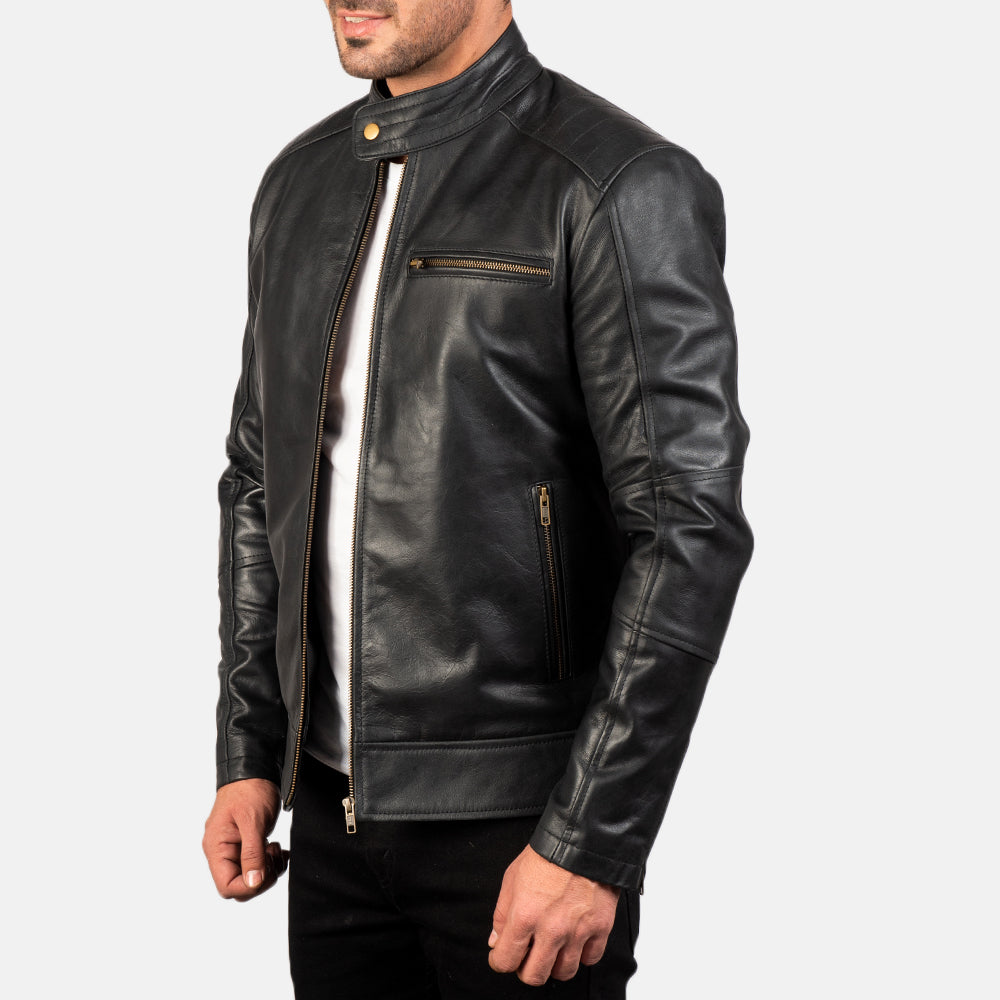 Dean Preto Blusão Biker de Couro para Homem - Back View Showing Tailored Shoulder Fit &amp; Clean Hemline