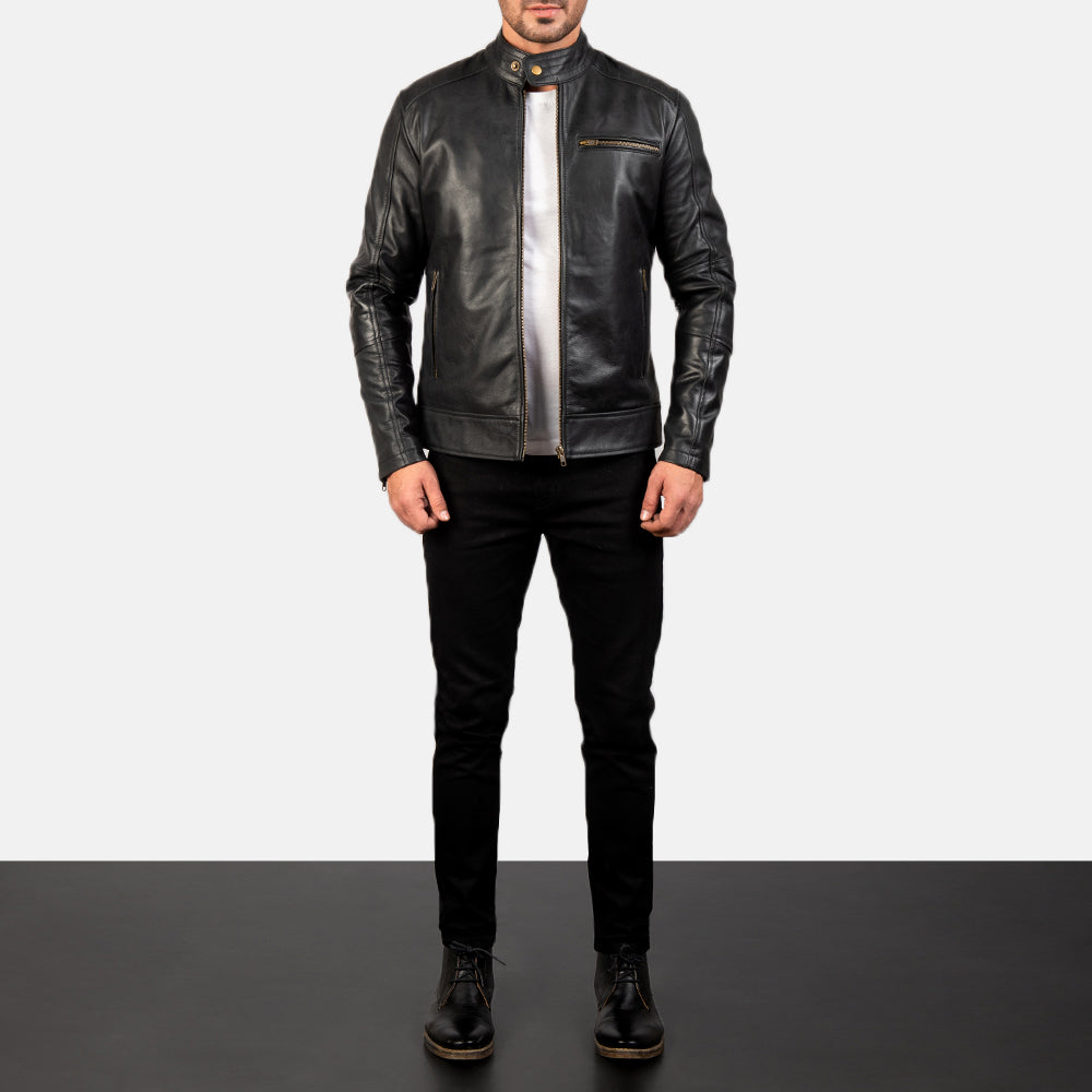 Dean Preto Blusão Biker de Couro para Homem - Lateral Side Profile View Showing Sleeve Cut &amp; Athletic Taper Fit