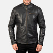 Close-Up Detail of Band with snap button &amp; Zipper Hardware on Dean Preto Blusão Biker de Couro para Homem