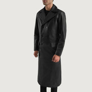 
Black Cowhide leather Coat - Vista traseira com ombros definidos e bainha impecável