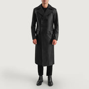 
Delmar Black Leather Double Breasted Coat - Vista lateral mostrando o corte ergonómico de mangas