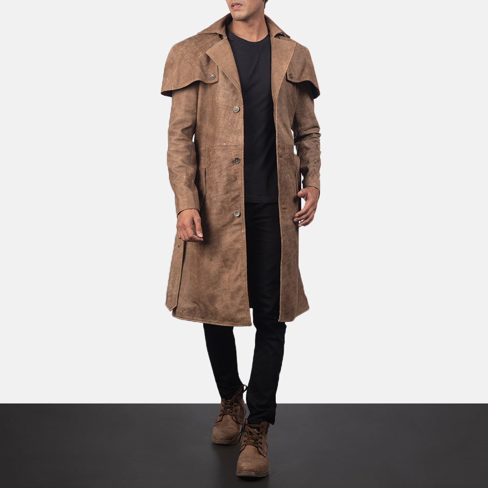 
Deux Castanho Leather Duster para Homem in Distressed Brown Semi-Aniline Snuffed - Vista frontal e silhueta ajustada | Comprar online