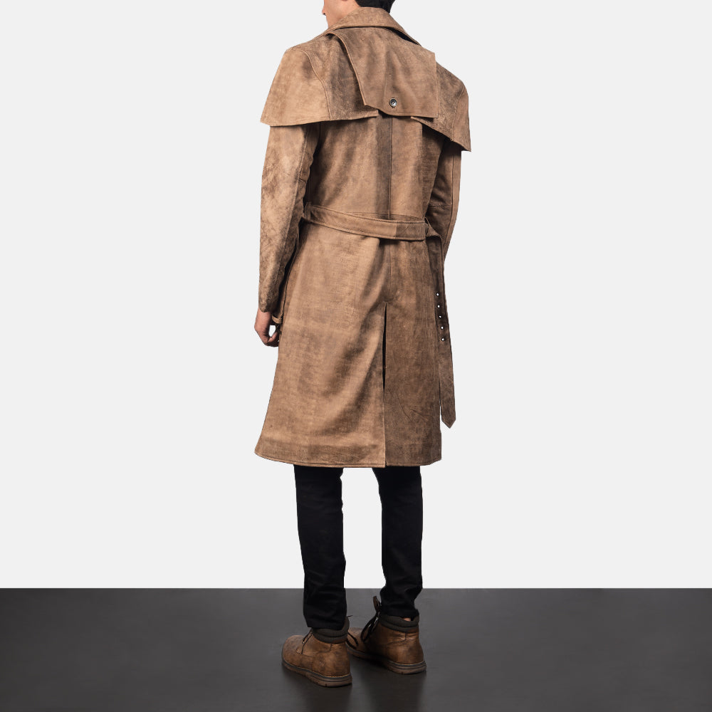 
Deux Castanho Leather Duster para Homem - Vista lateral mostrando o corte ergonómico de mangas
