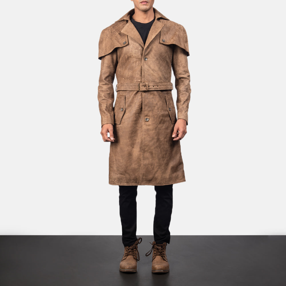 
Vista detalhada of Classic Collar & Buttons + Belt Hardware on Deux Castanho Leather Duster para Homem