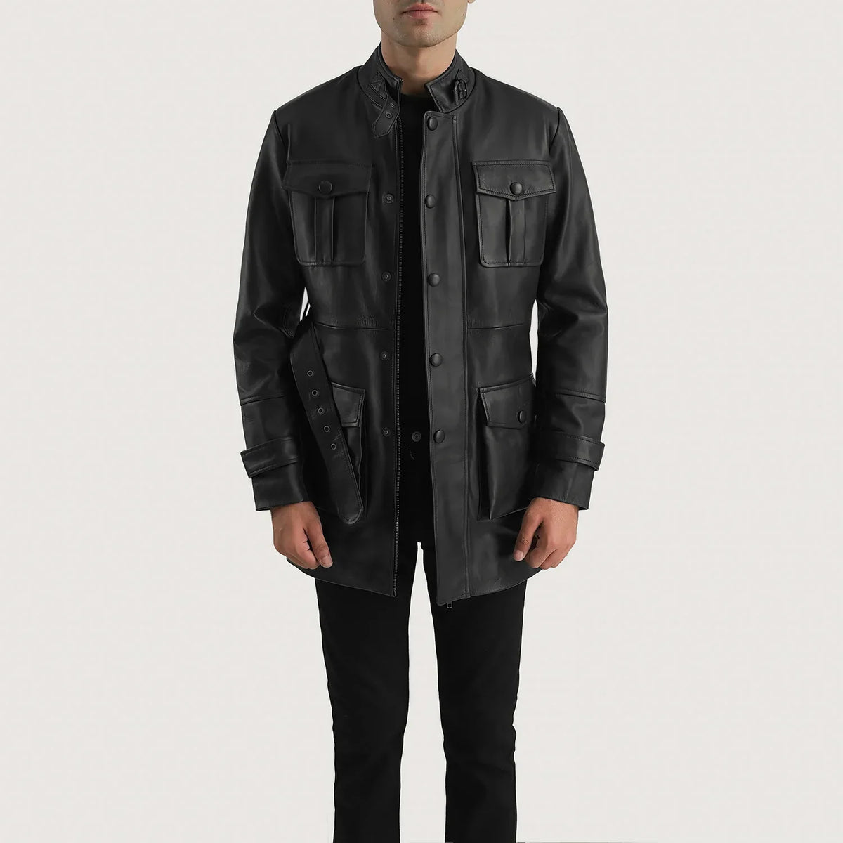 Dolf Preto Blusão de Couro para Homem in Black Cowhide Leather - Front Profile View &amp; Tailored Silhouette | Buy Online