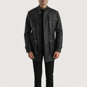 Dolf Preto Blusão de Couro para Homem in Black Cowhide Leather - Front Profile View &amp; Tailored Silhouette | Buy Online