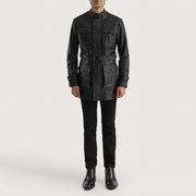 Dolf Preto Blusão de Couro para Homem - Lateral Side Profile View Showing Sleeve Cut &amp; Athletic Taper Fit