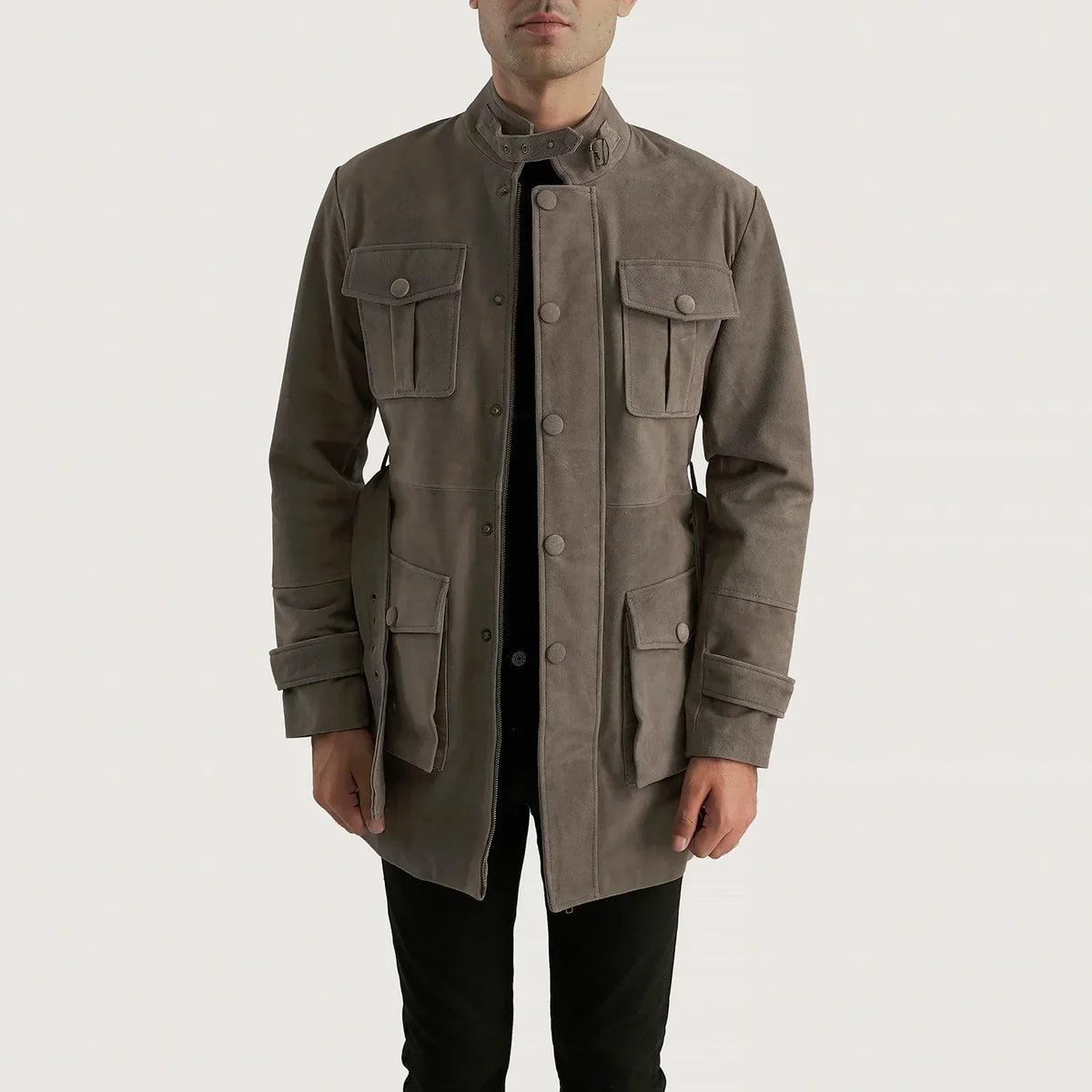 Dolf Grey Blusão de Camurça para Homem in Grey Cowhide Suede - Front Profile View &amp; Tailored Silhouette | Buy Online