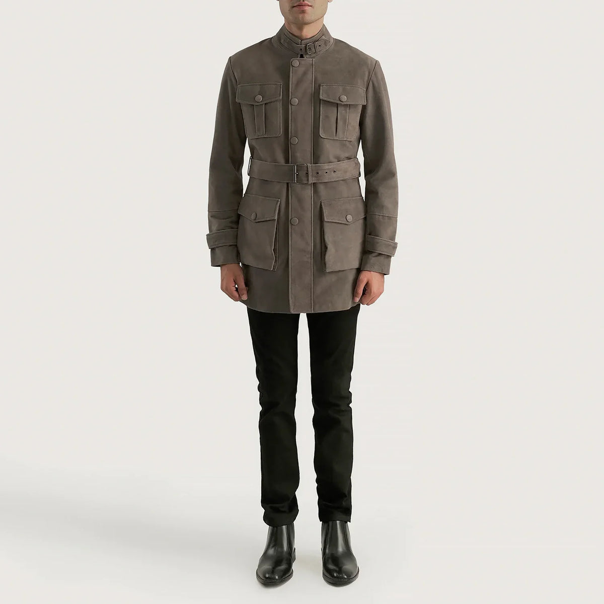 Dolf Grey Blusão de Camurça para Homem - Lateral Side Profile View Showing Sleeve Cut &amp; Athletic Taper Fit