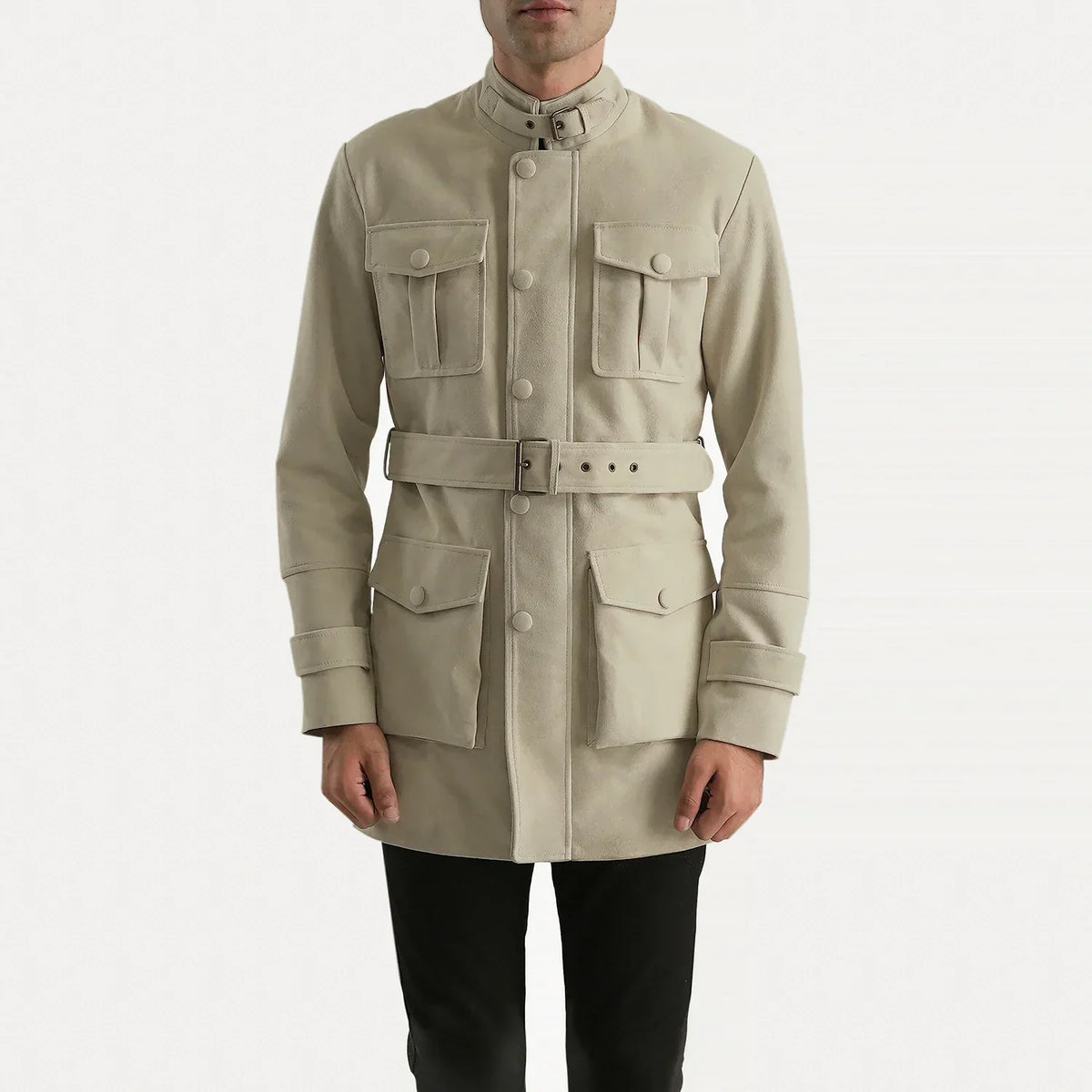 Dolf Off-White Blusão de Camurça para Homem in Off-White Cowhide Suede - Front Profile View &amp; Tailored Silhouette | Buy Online