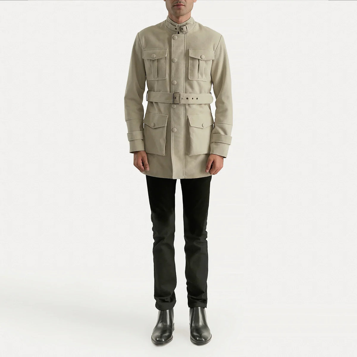 Dolf Off-White Blusão de Camurça para Homem - Lateral Side Profile View Showing Sleeve Cut &amp; Athletic Taper Fit