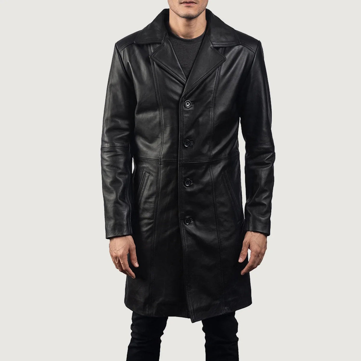 Men's Don Long Preto Casaco de Couro para Homem - Lateral Side Profile View Showing Sleeve Cut &amp; Athletic Taper Fit