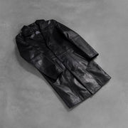 Open hem &amp; Hem Craftsmanship Construction Detail on Men's Don Long Preto Casaco de Couro para Homem