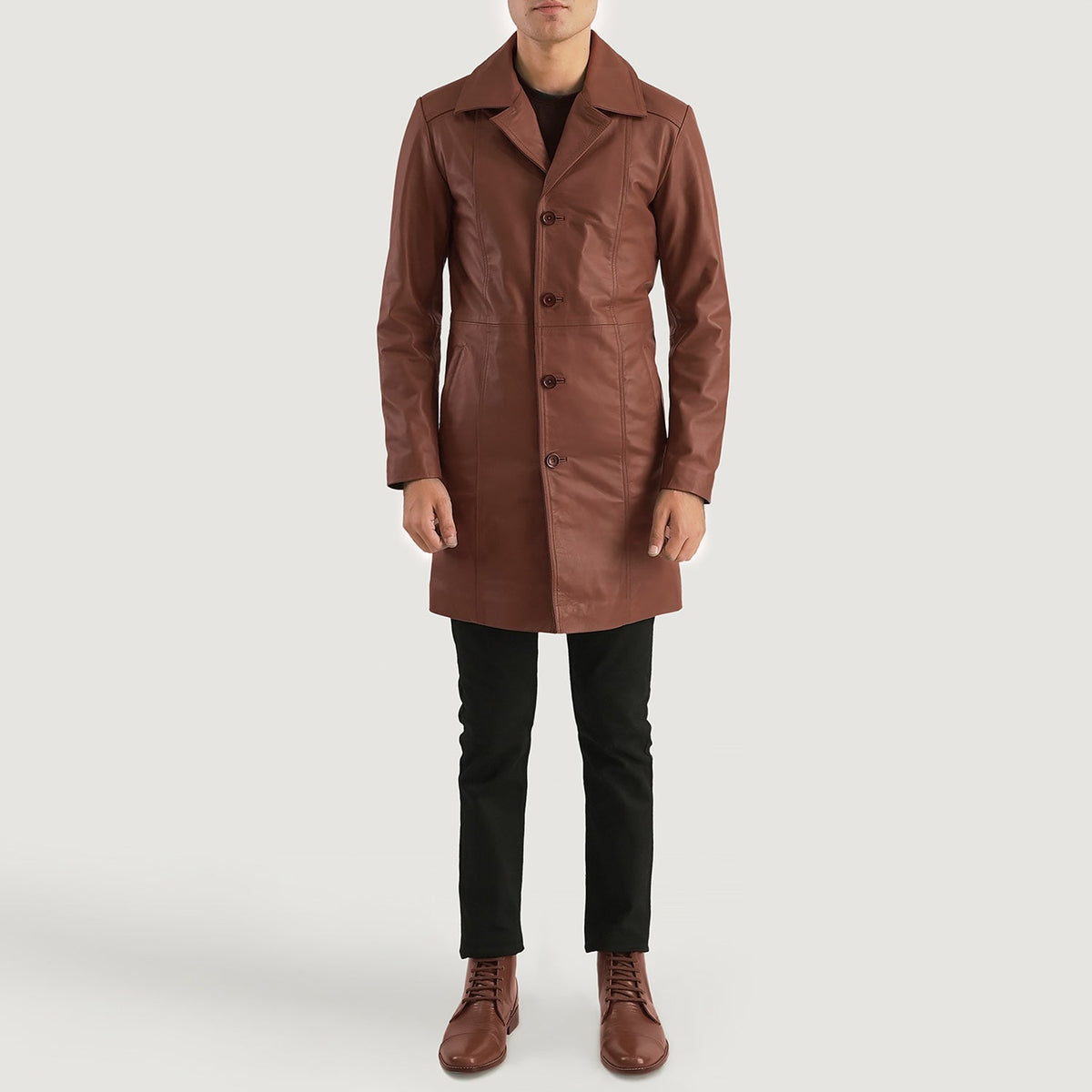 Don Long Castanho Casaco de Couro para Homem - Lateral Side Profile View Showing Sleeve Cut &amp; Athletic Taper Fit