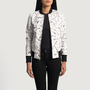 Women's Donna Blake White Blusão Bomber de Couro para Mulher - Lateral Side Profile View Showing Sleeve Cut &amp; Athletic Taper Fit