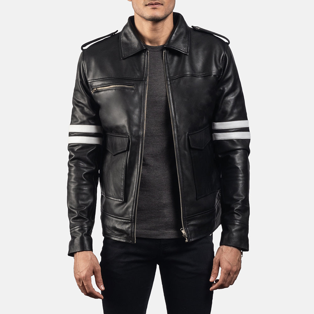 Dragonhide Preto Blusão de Couro para Homem - Lateral Side Profile View Showing Sleeve Cut &amp; Athletic Taper Fit