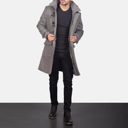 Men's Grey Wool Duffle Coat in Grey Synthetic Wool - Front Profile View &amp; Tailored Silhouette | Buy Online