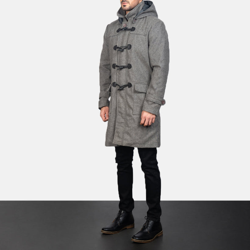 Drake Grey Wool Hooded Duffle Casaco em Couro para Homem