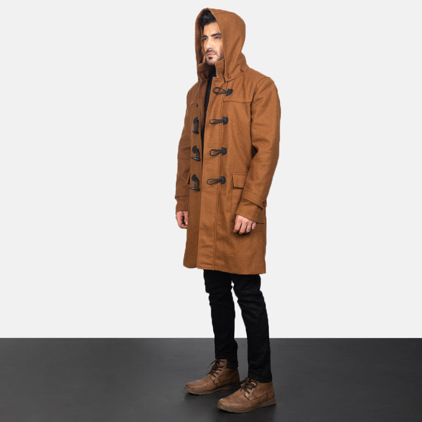 Drake Khaki Wool Hooded Duffle Casaco em Couro para Homem